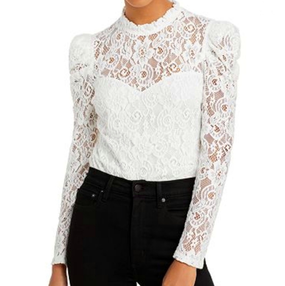Aqua ivory lace puff sleeve top size Small